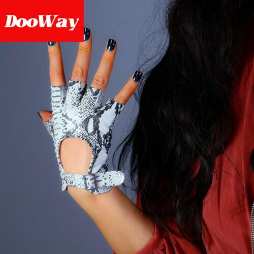DooWay Women Leather Driving Gloves Genuine Lambskin Fingerless Motorcycle Snakeskin Print Unlined