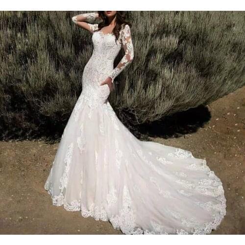 Elegant Long Sleeve Mermaid Lace Wedding Dresses Floor Length See Through Tulle Abendkleider Maxi Bridal Gowns for Women