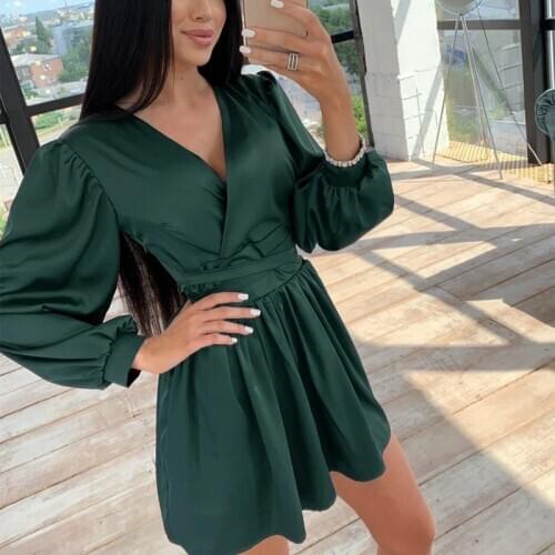 Women Sexy Deep V-Neck Mini Dress Lantern Sleeve Solid Sashes Satin Party A line Dress 2020 Autumn New Office Lady Vintage Dress