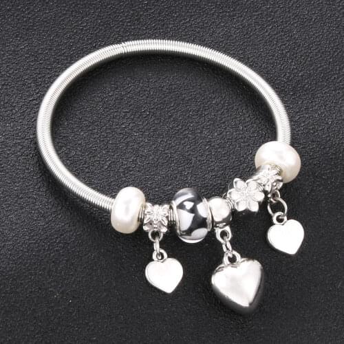 10Pcs/Lot Elastic metal beading Antique Original Heart Charm Bracelets For Women Glass Beads Brand Bracelet Bangle Jewelry Gift