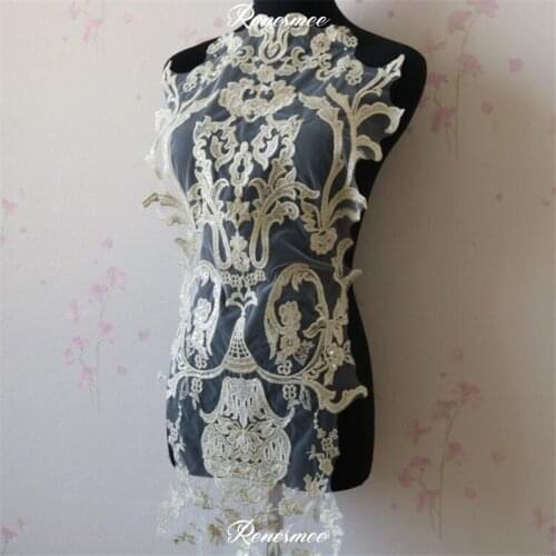 2Pc Champagne Gold Clear Sequins Embroidery Lace Flower Fabric Dress Veil Mesh Embroidery Fabric Clothing Material Patch 73X36cm