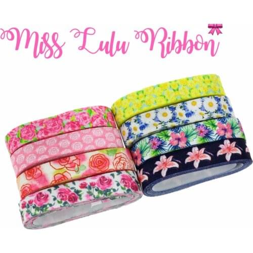 5/8"16mm Spring Series Flower Patterns Printed Fold Over Elastic Ribbon Pink Rose Hair Band Making DIY Gift Packing 50yards/roll