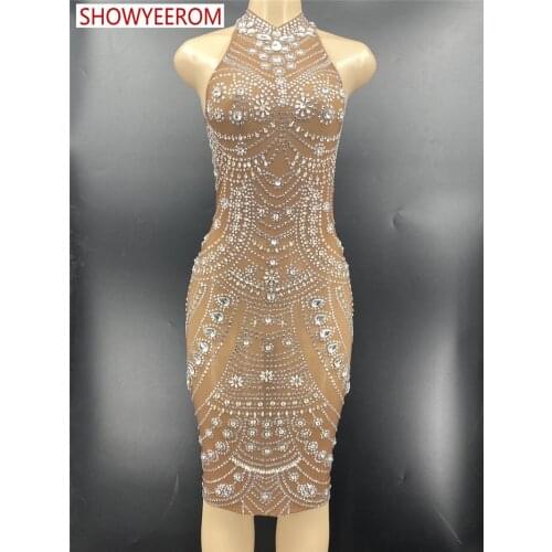 Sparkly Silver Rhinestone Mirror Elastic fabric short Dress Women Birthday Stage play Celebrate Dress Dancer Party Show Dress