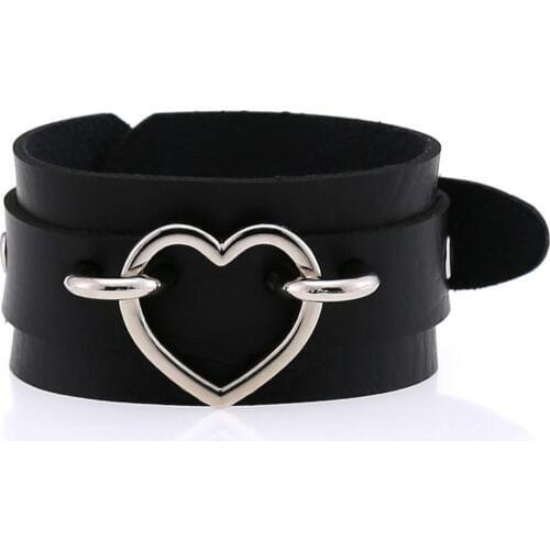 2020 Silver Color Heart Wide Cuff Leather Bracelets Punk Gothic Rock Unisex Bangles Bracelet Wristband for Women Mens Jewelry