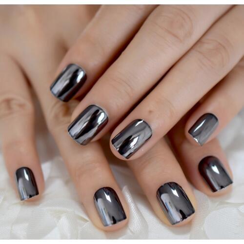 Black Mirror Short Fake Nail Round Metallic Cool Full Cover Nail Tips Dark Decorated Artificial Nails 24pcs