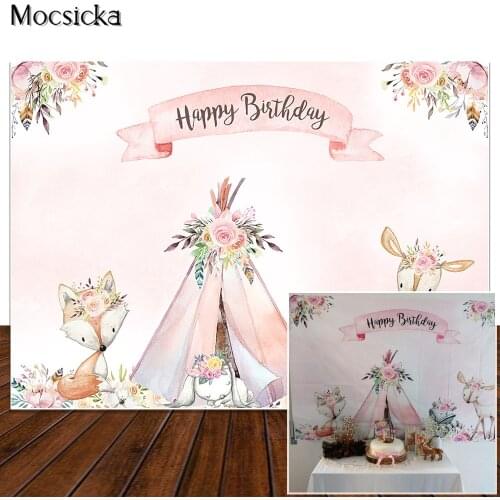NeoBack Woodland Baby Shower Backdrop Flower Boho Teepee Fox Woodland Baby Shower Party Banner Background Photography