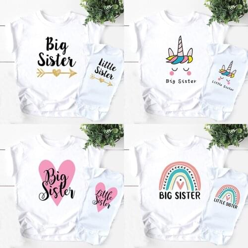 Big Sister Little Sister Girls Tshirt & Baby Rompers Unicorn Heart Rainbow Print Kids T-shirt Funny Matching Outfits Clothes