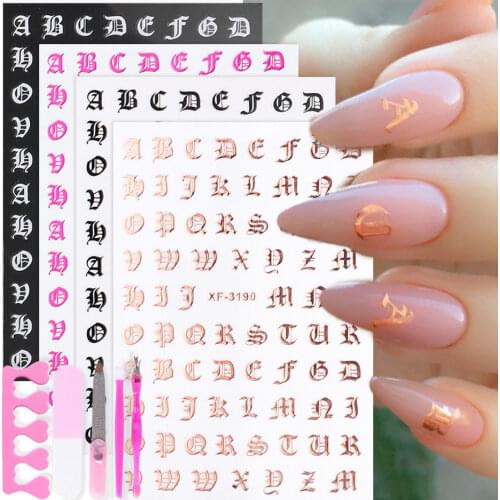 Holographic Alphabet Letter Nail Decal Laser Gold Silver Black English Word Bronzing Sticker Symbolic Template Slider SAXF3262
