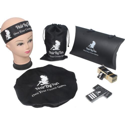 Customized Private Logo brand Virgin Hair Bundle Packaging Hair Bundle Wrap/silk Satin Bags/Hang Tag//Bonnets/Head band/Card