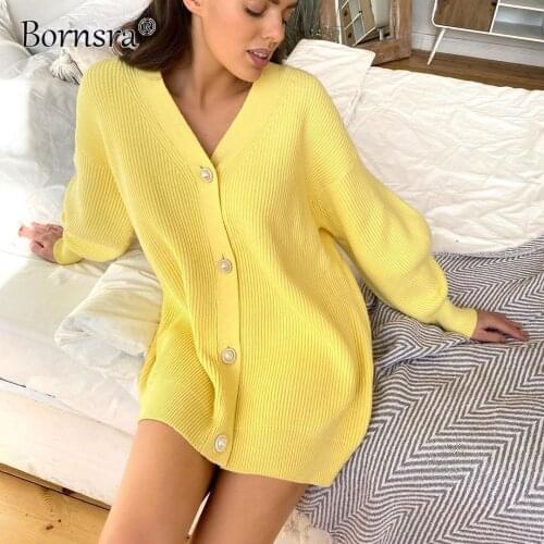 Bornsra 2021 New Sweater Coat Womens Solid Color Casual Cardigan Loose Knitted Buttoned Cardigan V-Neck Oversized Cardigan
