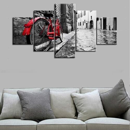 Gray Landscape Painting 5 Pieces Canvas Poster Red Bicycle Wall Art Picture HD Print Canvas Art Home Decor Mural Modern Unframed