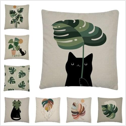 Green Plants And Cats Photo Pattern Linen Cushion Cover Pillowcase Home Sofa Car Decoration Pillowcase45X45 Cm