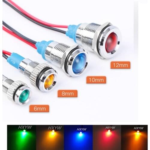 1pcs 6mm 8mm 10mm 12mm Metal LED Warning indicator light Waterproof IP67 Signal Lamp Pilot Wires switch 6V 12V 24V 220V Red Blue