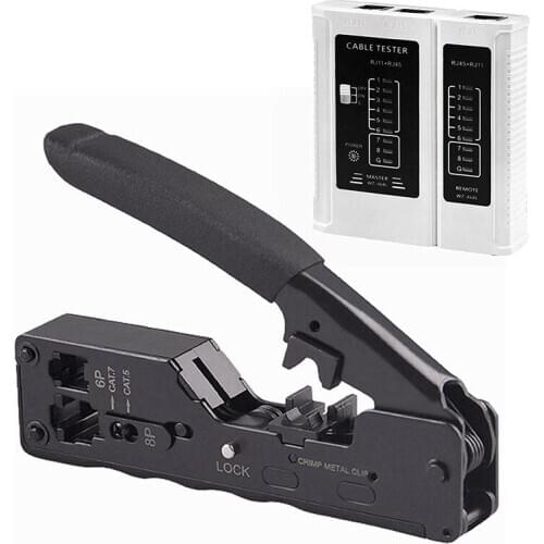 CAT5 CAT6A CAT7 Modular Crimper (Black) with RJ45 RJ12 RJ11 Network Cable Tester Tool Kit
