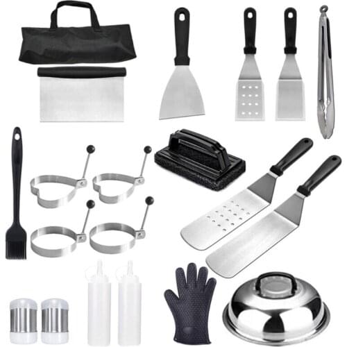 20 Pcs Barbecue Tool Set with Portable Storage Bags Metal Spatulas Scraper Egg Rings Complete Grill Utensils Kit