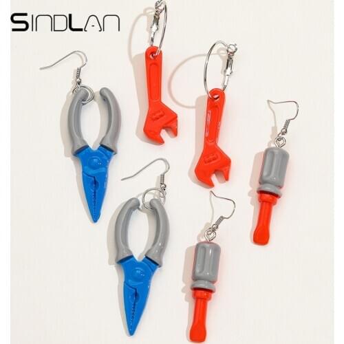 Sindlan 3 Pairs Punk Multi Color Tools Set Earrings for Women Hip Pop Pliers Screwdriver Young Girl EDGY Fashion Jewelry Gift