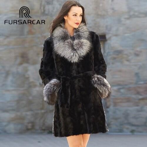 FURSARCAR 2021 New Fashion Genuine Natural Mink Fur Long Coat With Real Silver Fur Collar Winter Female Elegant Outerwear Jacket