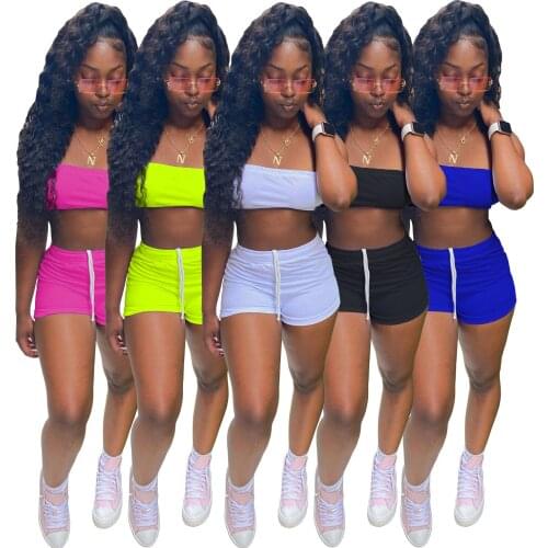Solid Color Casual Tracksuit Women StraplessTop And Lace Up Shorts 2 Piece Set Jogging Fitness GYM Outdoor 2021 Summer Suit