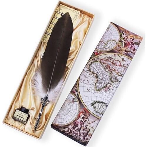 Retro Feather Dip Pen Fountain Pen Quill Set inclue Ink 5 Replacement Nibs Metal Carving Pen Holder Calligraphy Gift BoxT13YE-D2