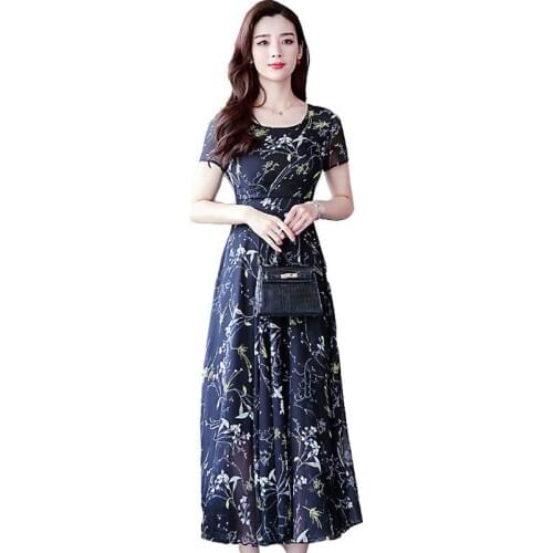 Women Chiffon Dress Summer 2019 Casual Elegant Thin O Neck A Line Print Large Swing Midi Party Dress Female Plus size Vestidos