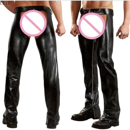 Sexy Men PU Leather Open Crotch Erotic Latex Pants Adjustable Belt Buckle Zipper Side Trousers Hollow Out Long Pants Club Wear
