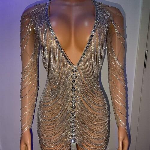 Silver Elastic Rhinestone Chain Tassel Dress Evening Party Dance Stones Outfit Stage Performance Drag Queen Costumes DN9569