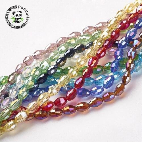 Electroplate Glass Beads, AB Color Plated, Faceted Oval, Mixed Color, bead: 6mm long, 4mm thick, hole: 1mm, about 72pcs/strand