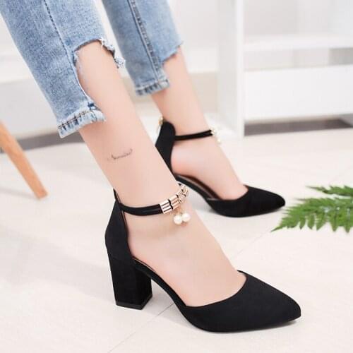 Concise Elegant Pointed High Heels Fashion Comfort Thick with Womens Shoes Black Suede Single Shoes Professional Work Shoes7.5CM