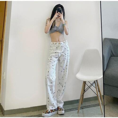 Varofi Vintage graffiti print tie-dye splashed ink high-waisted jeans white slacks boyfriend jeans for women y2k pants