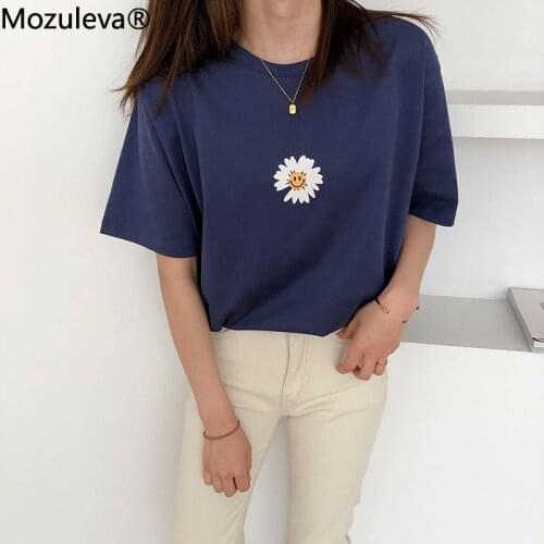 Mozuleva Smiley Face Daisy Print Women T-shirt Short Sleeve Loose Cotton 2020 Female Basic Tops Shirt Spring Summer Ladies Tees