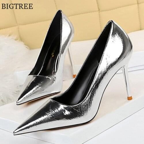 BIGTREE High Heels Women Pumps Shoes 9.5cm Tacones Patent Leather Pointy Toe Stilettos Talon Femme Sexy Ladies Office Shoe Party