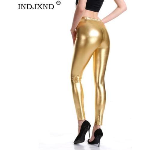 INDJXND Style Punk Rock PU Leather Faux Leather Leggings Women Trousers Purple Metallic Gold Shiny Sexy Shining Legging Fitness