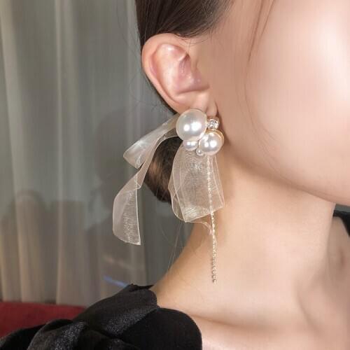 New brand design temperament beautiful girl lace bow earrings luxury pearl ribbon watchband tassel earrings gift party wedding