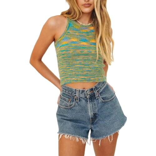 Womens Knitted Slim Vest Streetwear Sexy Sleeveless Round Neck Tops for Party Club Camis Colourful Shirt Tees
