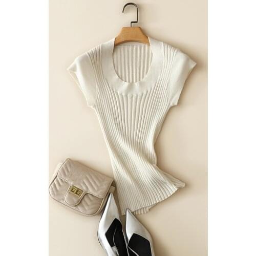 2021 new 60 count worsted 100% cashmere round neck short sleeve ribbed knit sweater for women