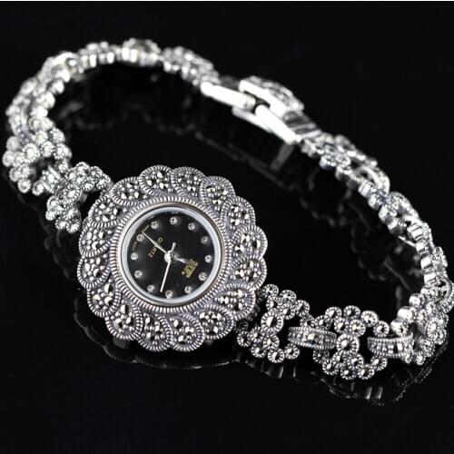 Vintage Thai Silver S925 Sterling Silver Jewelry Thailand Authentic Handmade Match Lace Female Retro Watch Bracelet