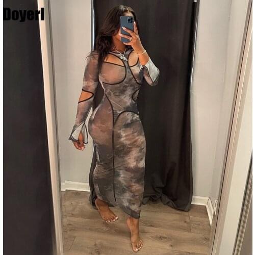 Sheer Mesh Cut Out Bodycon Bandage Party Dress Women Transparent Long Dress Autumn Tie Dye Print See Through Sexy Club Dresses