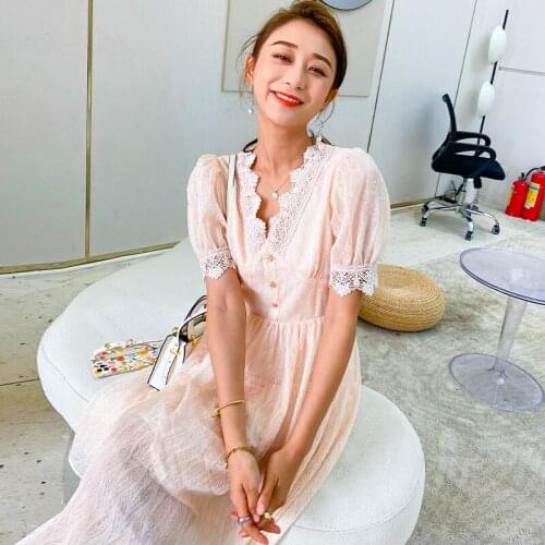 Temperament celebrity lady dress short sleeve gentle wind Lace Chiffon Skirt slim dress