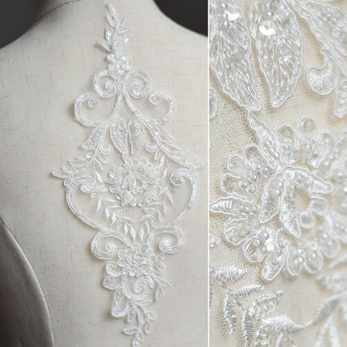 2 Pcs Hot Sale 30*13cm Dress DIY Lace Accessories Fabric New Applique Large Amazing Off White Embroidered Beads Lace Trim