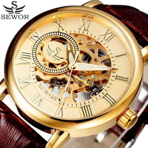 SEWOR Designer Gold Skeleton Mechanical Watch Men Leather Luxury Men Watches Business Clock Montre Homme Relogio Masculino