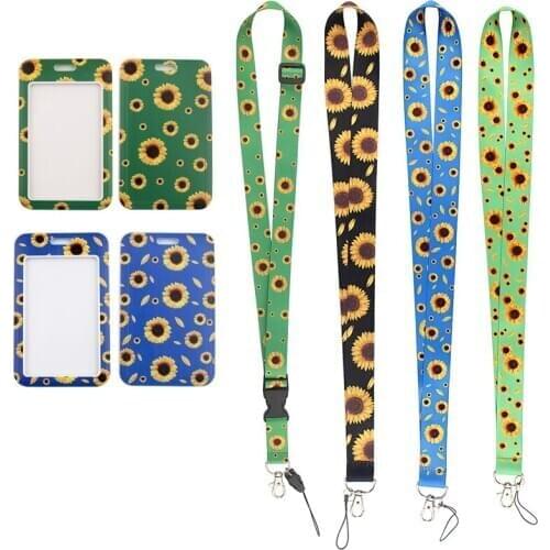 24pcs/lot MD285 DMLSKY Cartoon Sunflower Lanyard Keychain key Badge Mobile Phone Rope Lanyard With Card Holder Cover for Woman