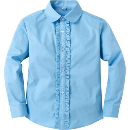 Girls Peter Pan Collar Ruffles Blouse Teenage Girls School Uniform Shirt Long Sleeve Cotton Tops Students White Shirts