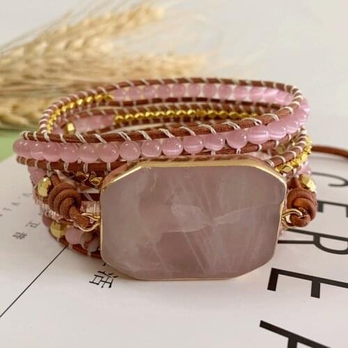 Retro Natural Powder Crystal Bracelet Natural Stone Bracelet 5 Wraps Bracelet Handmade Boho Pink Bracelet for Women Bracelet
