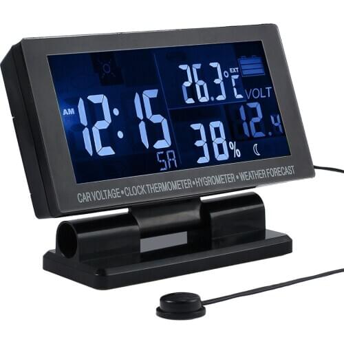 5-In-1 LCD Digital Car Clock Thermometer Hygrometer Weather Forecast Voltmeter Universal For 12V And 24V Vehicles