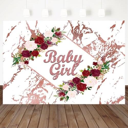 White and Red Flowers Baby Shower Photography Background Rose Gold Splash Girl Baby Shower Photo Background Customize Backdrop