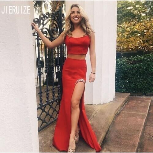 JIERUIZE Red Two Pieces Evening Dresses Spaghetti Strap Backless Sexy Side Slit Formal Dresses Mermaid Prom Gowns Robe De Soiree