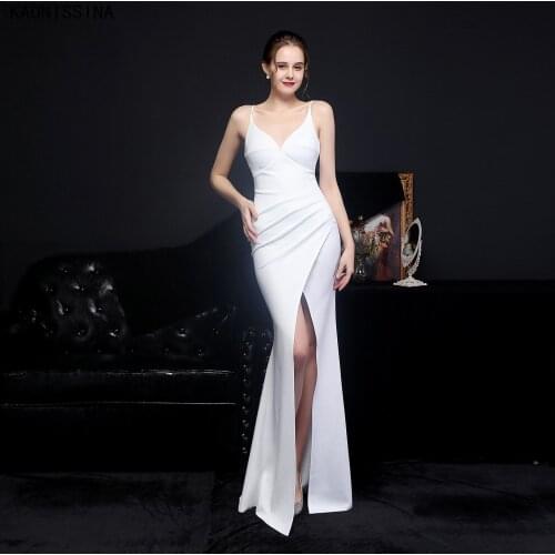 KAUNISSINA Sexy Party Gowns Long Evening Dress Women Deep V-Neck Beaded Mermaid Split Prom Dresses Backless Formal Vestidos