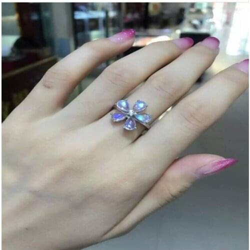 Moonstone ring Free shipping Natural real moonstone 925 sterling silver Per jewelry 4*6mm 5pcs