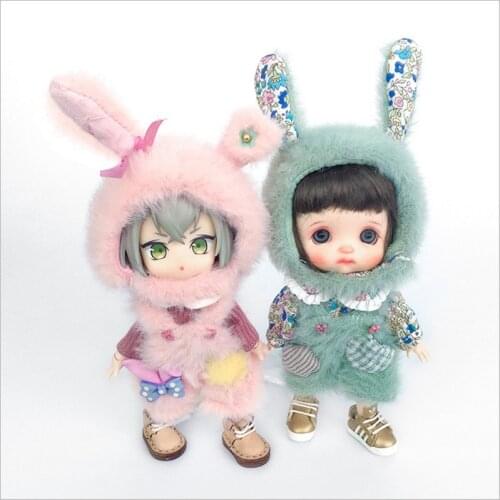 Ob11 doll suit GSC BJD fake two long Red Pink sleeve Rabbit ear hat PD9 Halon trousers soft tova hat doll clothes