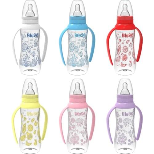 Best baby Colorful Patterned Caricature Of Quality With And Without handles 250 ml Plastic Baby Feeding Bottle Babysoft girl/boy